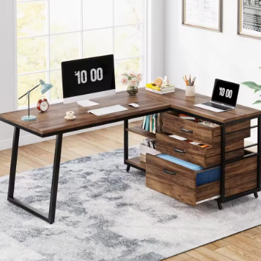 L-Shaped Computer Desk with 3 Drawers, Reversible Corner Home Office Desk with Shelves