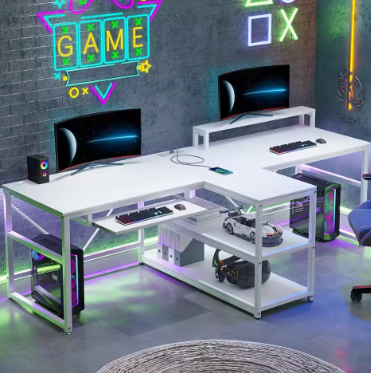White Computer Desk 94.5", Two Person Gaming Desk with LED Light, Keyboard Tray, Power Strip with USB, Monitor Shelf & Storage
